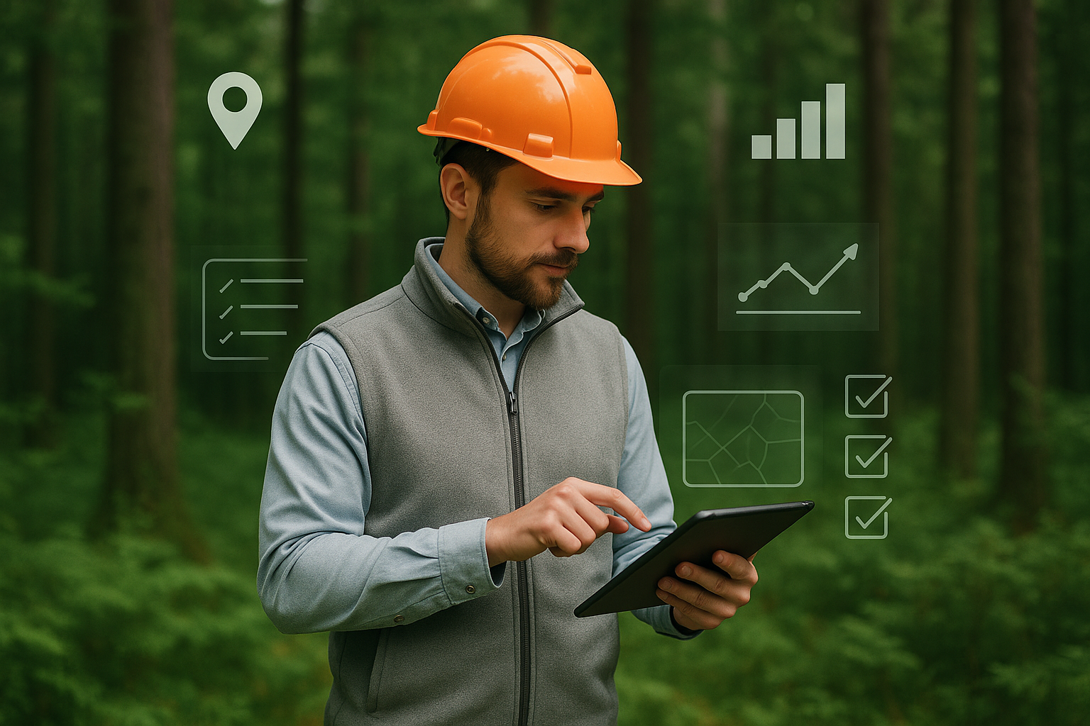 Equipo de trabajo en terreno forestal usando tecnología para digitalizar procesos ambientales